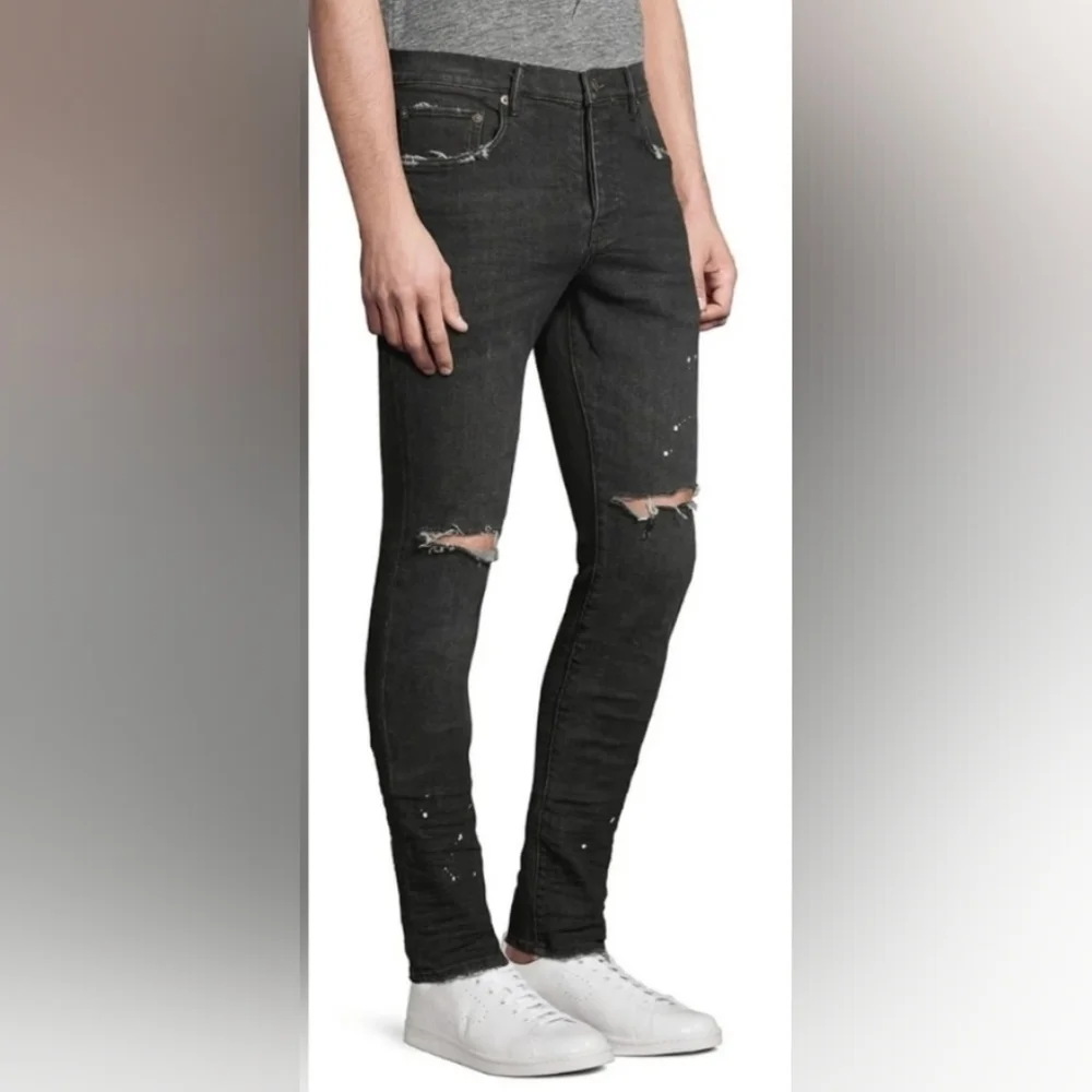 SIZE 36×34 PURPLE BRAND RESIN KNEE SLIT SKINI OVER SPRAY SLIM FIT BLACK JEANS - Picture 4 of 10